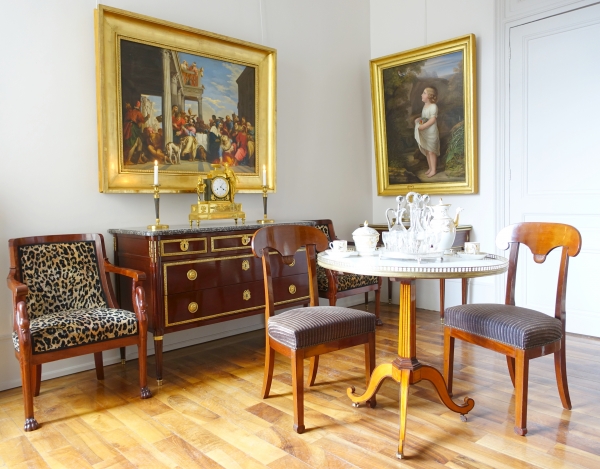 Pair of Empire mahogany chairs, shield-shaped backrest after Marcion's pattern