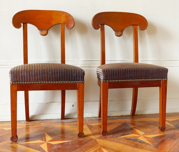 Pair of Empire mahogany chairs, shield-shaped backrest after Marcion's pattern