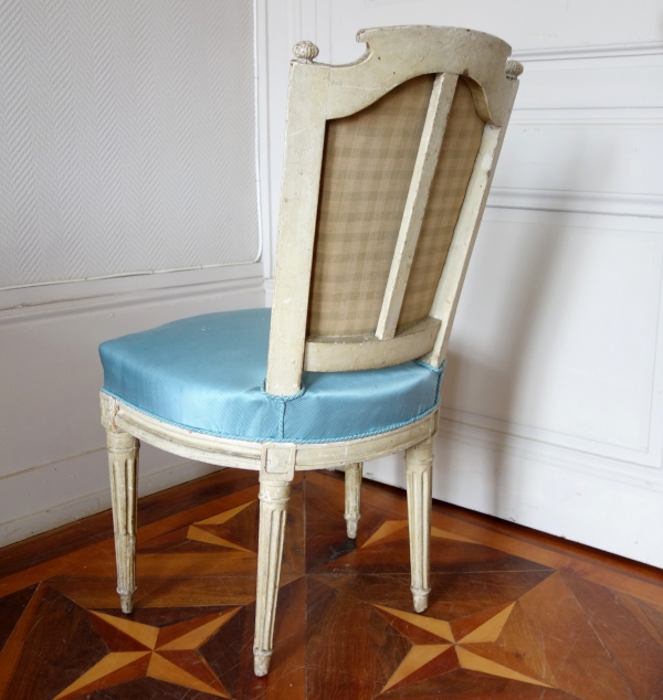 Pair of Louis XVI lacquered cabriolet chairs, light blue silk cover