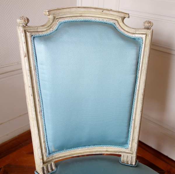 Pair of Louis XVI lacquered cabriolet chairs, light blue silk cover