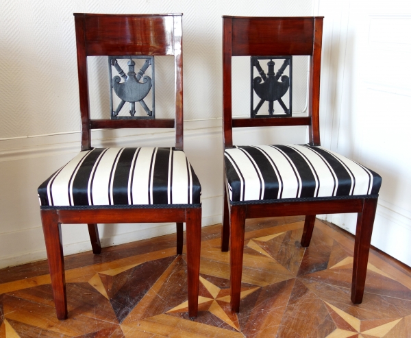 Pair of Empire mahogany chairs, gladius sword on the backrest, 19th century circa 1800