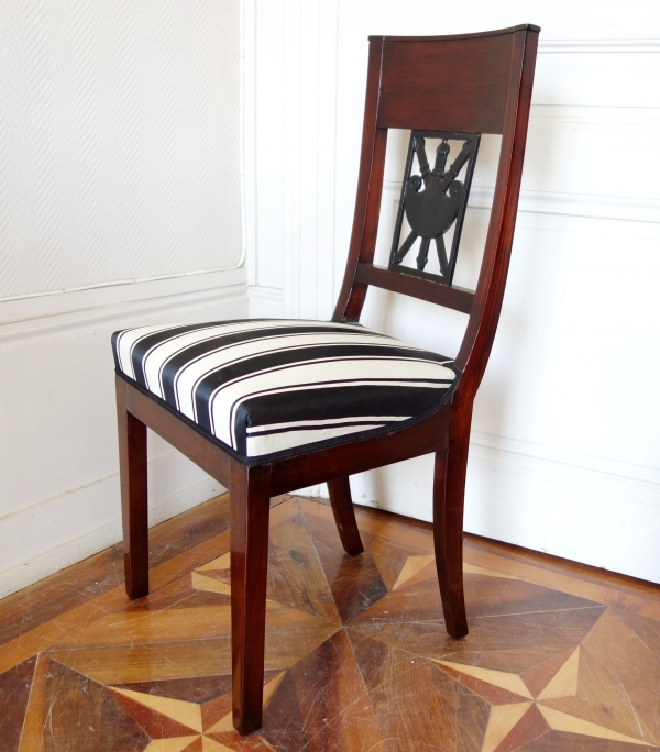 Pair of Empire mahogany chairs, gladius sword on the backrest, 19th century circa 1800