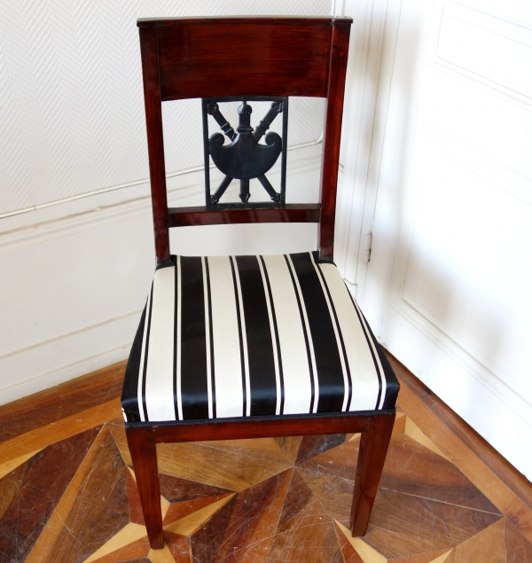 Pair of Empire mahogany chairs, gladius sword on the backrest, 19th century circa 1800