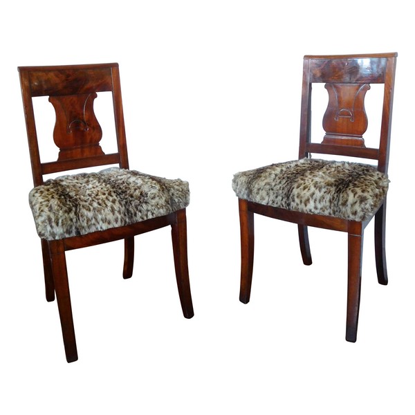 Pair of Empire mahogany chairs, leopard-fashioned cover, early 19th century