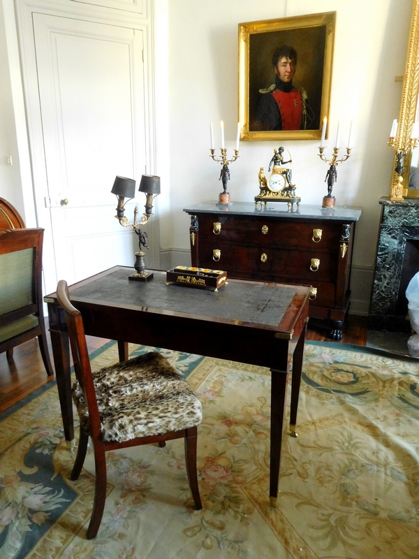 Pair of Empire mahogany chairs, leopard-fashioned cover, early 19th century