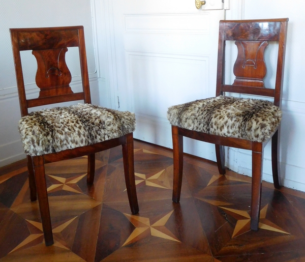 Pair of Empire mahogany chairs, leopard-fashioned cover, early 19th century