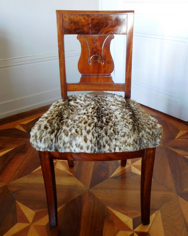 Pair of Empire mahogany chairs, leopard-fashioned cover, early 19th century