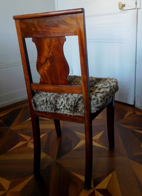 Pair of Empire mahogany chairs, leopard-fashioned cover, early 19th century