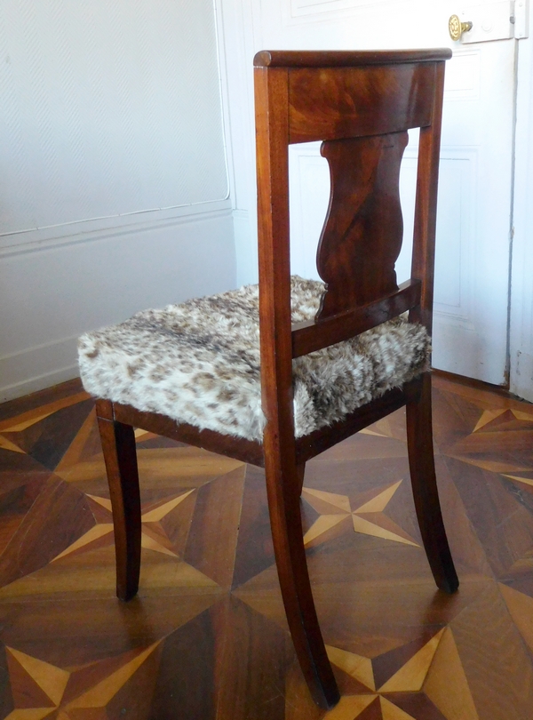 Pair of Empire mahogany chairs, leopard-fashioned cover, early 19th century