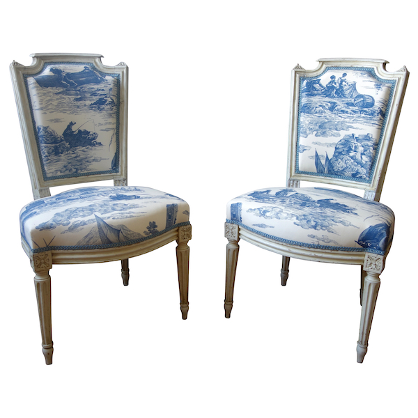 Paire de chaises d'époque Louis XVI - toile de Jouy Guéthary - Guetaria