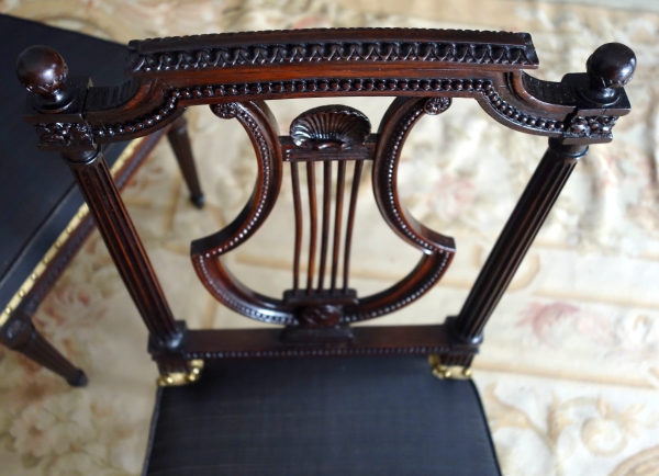 Compiegne - Mobilier de l'Empereur, paire de chaises lyre acajou époque Louis XVI par Deshayes