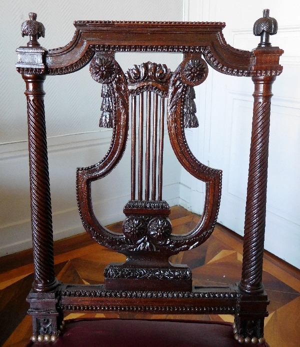 Pair of finely carved mahogany lyre-back chairs, Louis XVI production - stamped Georges Jacob