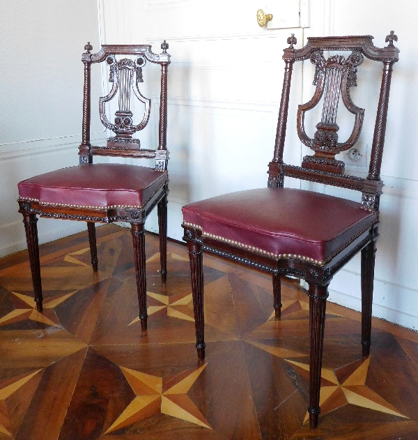 Pair of finely carved mahogany lyre-back chairs, Louis XVI production - stamped Georges Jacob