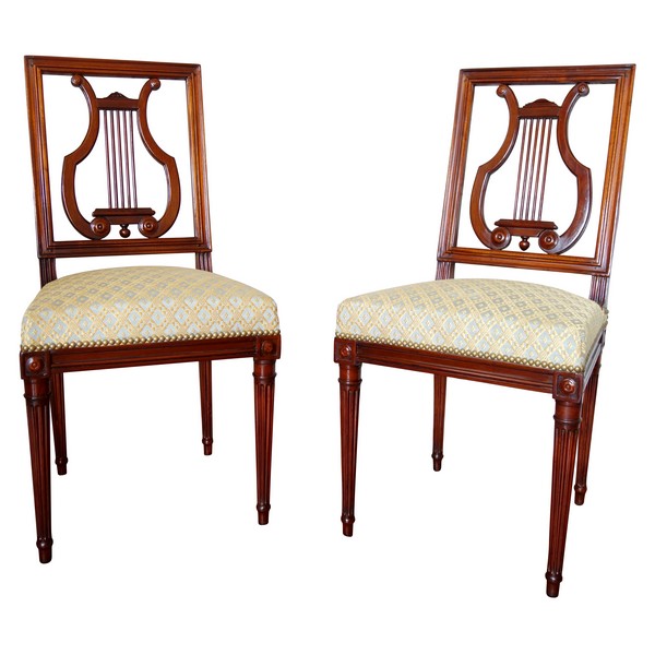Georges Jacob : pair of mahogany Louis XVI chairs, lyra-shaped backrest