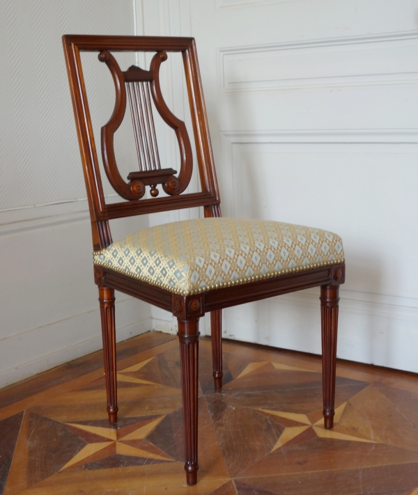 Georges Jacob : pair of mahogany Louis XVI chairs, lyra-shaped backrest