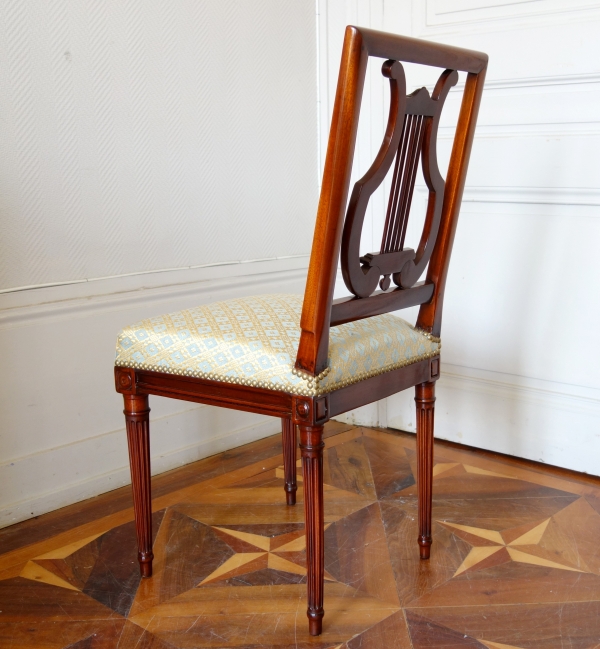 Georges Jacob : pair of mahogany Louis XVI chairs, lyra-shaped backrest