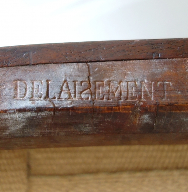 Delaisement : pair of mahogany Louis XVI chairs, lyra-shaped backrest - stamped