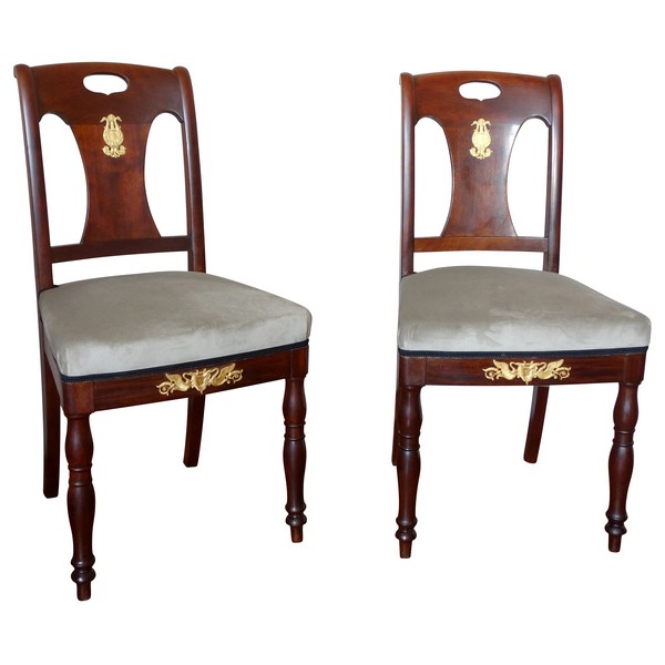 Pair of Empire mahogany and ormolu chairs, early 19th century, in the taste of Bellange