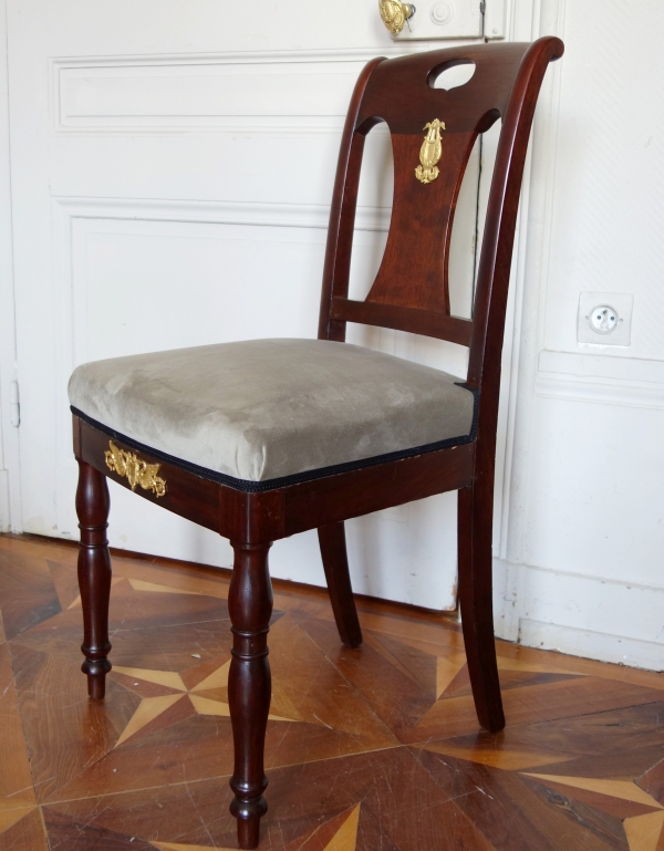 Pair of Empire mahogany and ormolu chairs, early 19th century, in the taste of Bellange