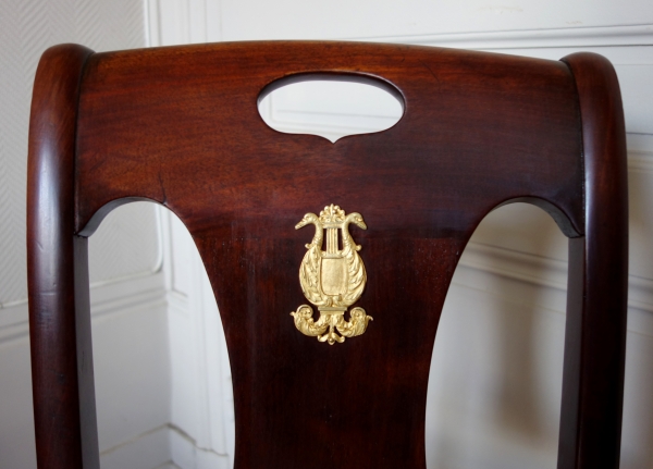 Pair of Empire mahogany and ormolu chairs, early 19th century, in the taste of Bellange