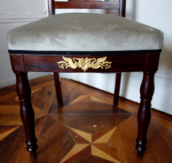 Pair of Empire mahogany and ormolu chairs, early 19th century, in the taste of Bellange