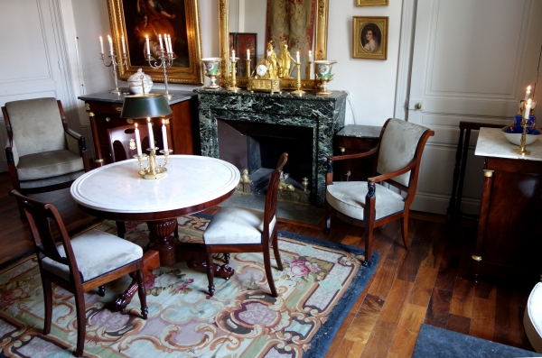 Pair of Empire mahogany and ormolu chairs, early 19th century, in the taste of Bellange