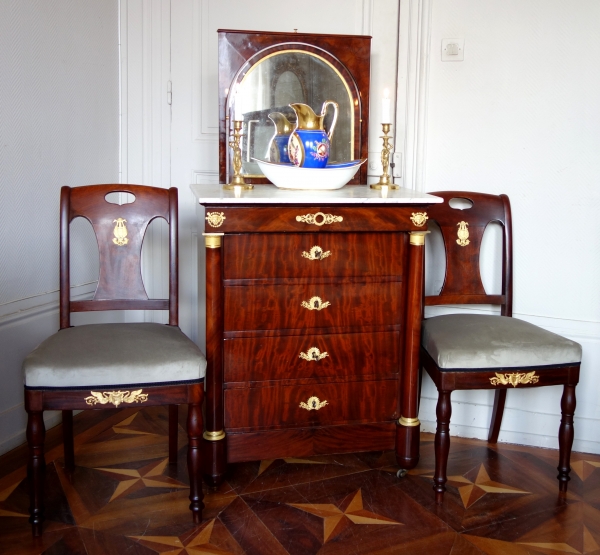 Pair of Empire mahogany and ormolu chairs, early 19th century, in the taste of Bellange