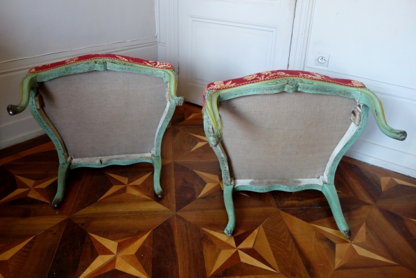 Sylvain Blanchard : pair of Louis XV armchairs, pink chinese-patterned silk - stamped