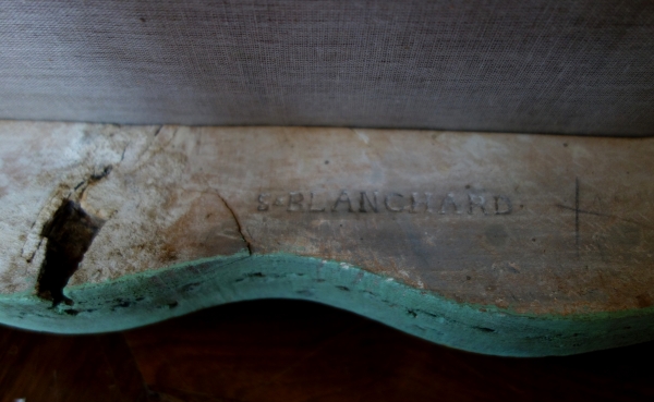 Sylvain Blanchard : pair of Louis XV armchairs, pink chinese-patterned silk - stamped