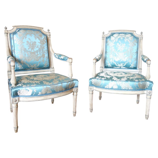 Paire de fauteuils à la Reine d'époque Louis XVI vers 1788-90 - damas de soie bleu