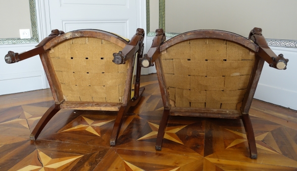 Pair of Empire mahogany armchairs - swan-shaped armrests - attributed to Bellangé