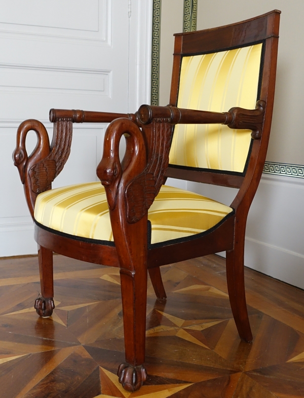 Pair of Empire mahogany armchairs - swan-shaped armrests - attributed to Bellangé