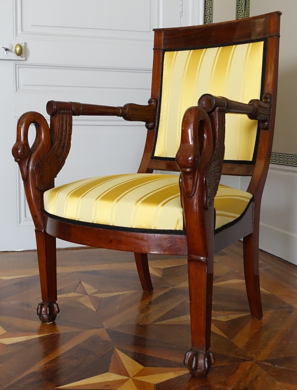 Pair of Empire mahogany armchairs - swan-shaped armrests - attributed to Bellangé