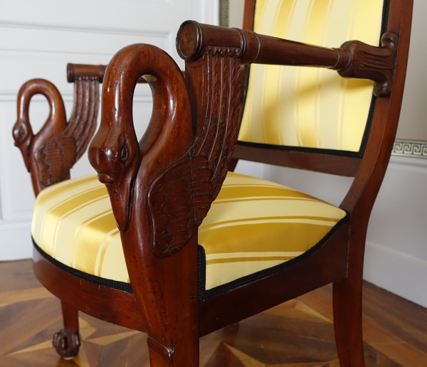 Pair of Empire mahogany armchairs - swan-shaped armrests - attributed to Bellangé