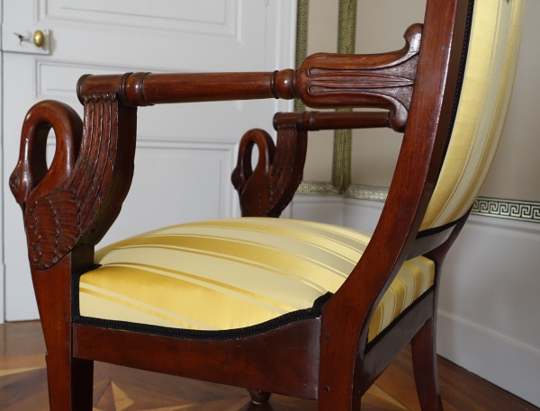 Pair of Empire mahogany armchairs - swan-shaped armrests - attributed to Bellangé