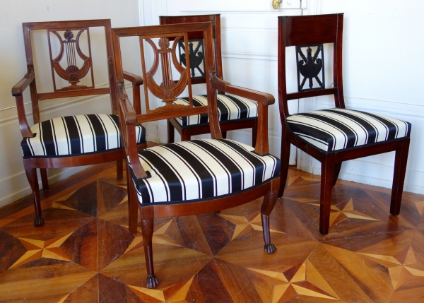 Pair of Directoire mahogany armchairs, lyra-shaped backrest, late 18th century