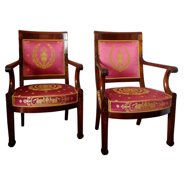 Pair of Empire mahogany armchairs, antique silk, early 19th century