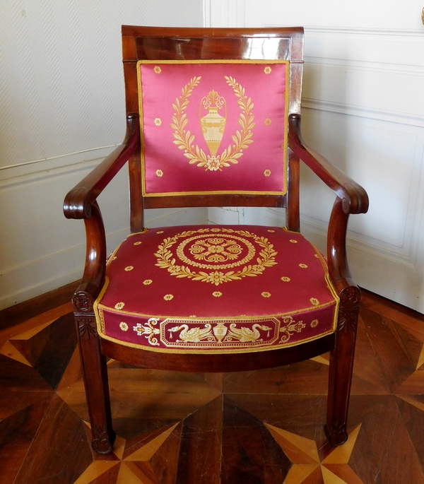 Pair of Empire mahogany armchairs, antique silk, early 19th century