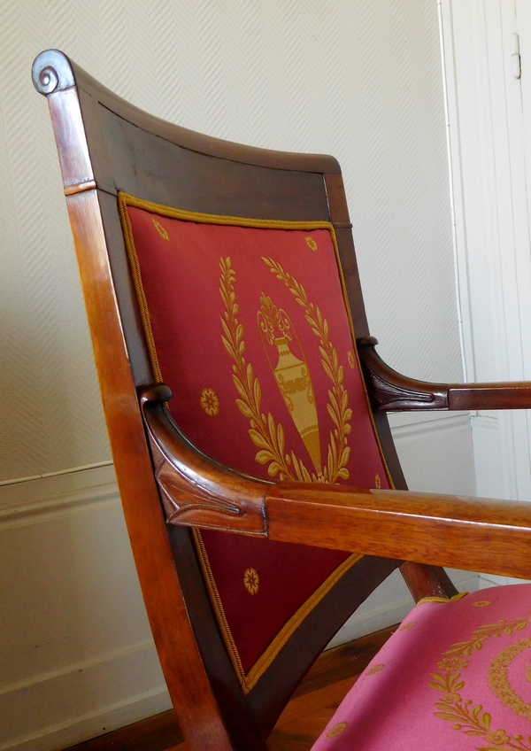 Pair of Empire mahogany armchairs, antique silk, early 19th century