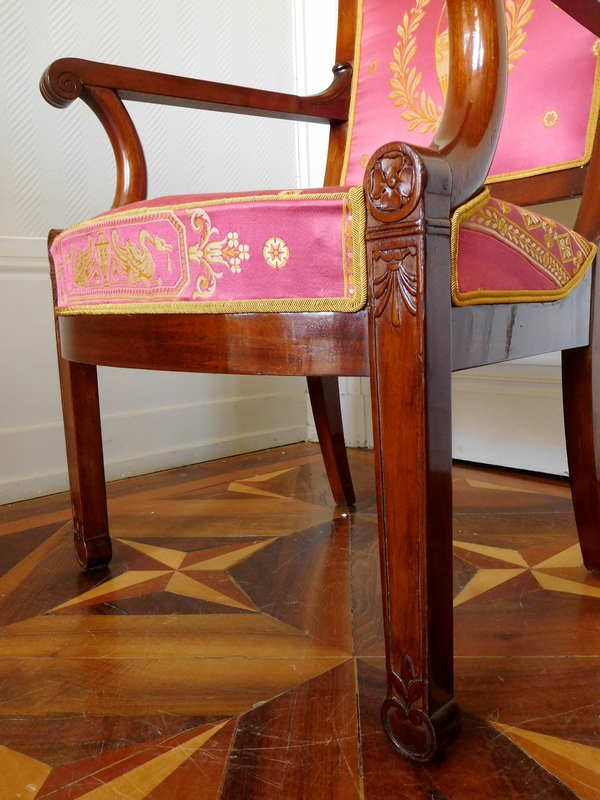 Pair of Empire mahogany armchairs, antique silk, early 19th century