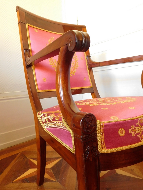 Pair of Empire mahogany armchairs, antique silk, early 19th century