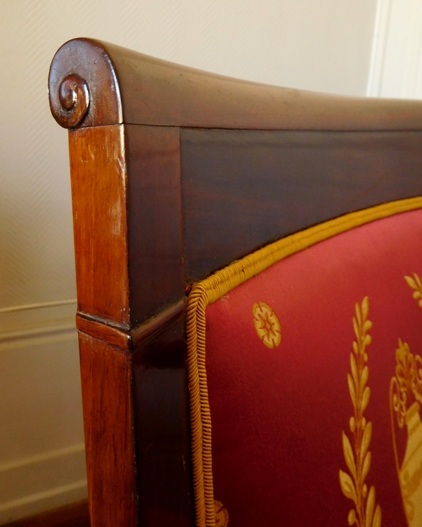 Pair of Empire mahogany armchairs, antique silk, early 19th century