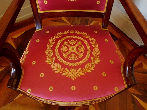 Pair of Empire mahogany armchairs, antique silk, early 19th century