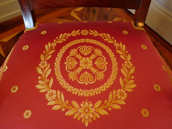 Pair of Empire mahogany armchairs, antique silk, early 19th century