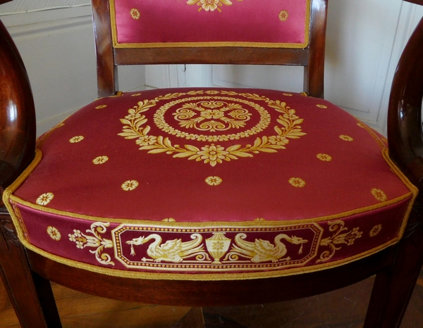 Pair of Empire mahogany armchairs, antique silk, early 19th century