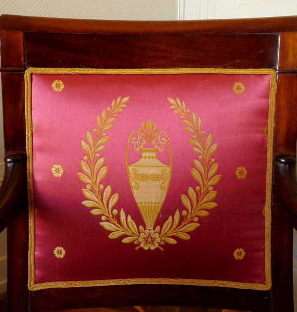 Pair of Empire mahogany armchairs, antique silk, early 19th century