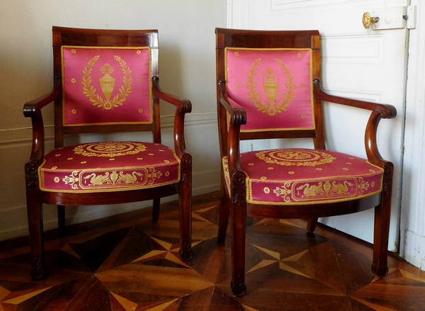 Pair of Empire mahogany armchairs, antique silk, early 19th century