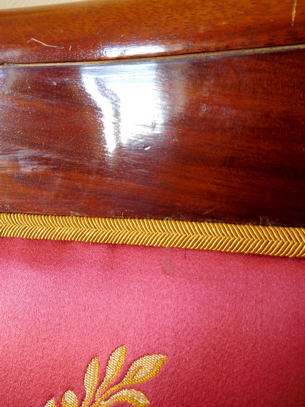 Pair of Empire mahogany armchairs, antique silk, early 19th century