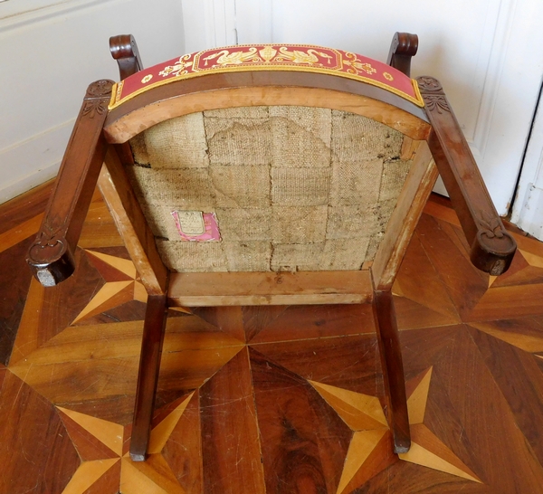 Pair of Empire mahogany armchairs, antique silk, early 19th century