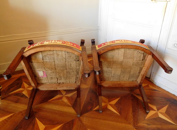 Pair of Empire mahogany armchairs, antique silk, early 19th century